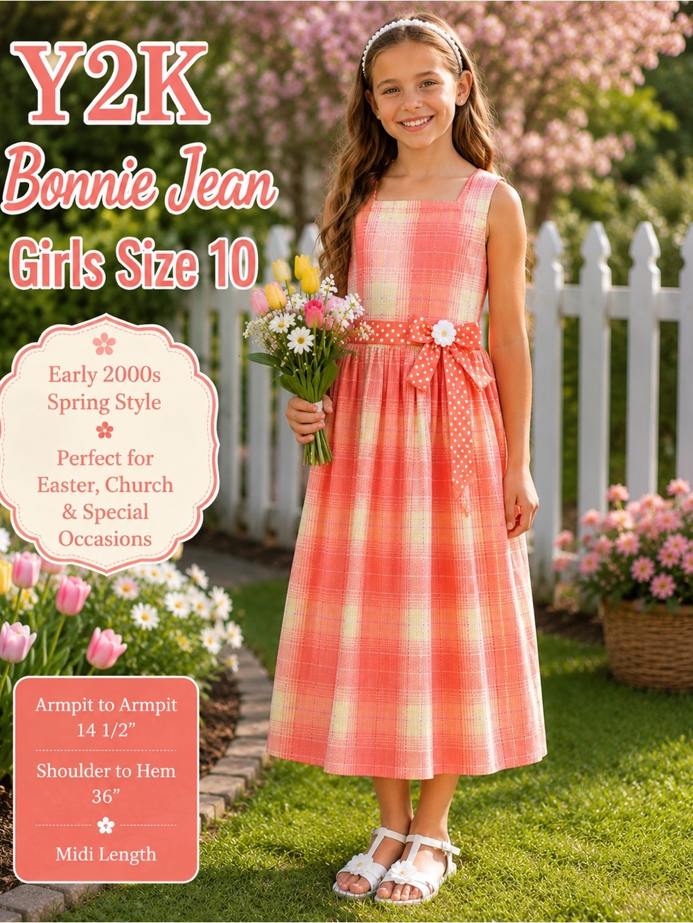 Bonnie Jean Girls Size 10 Coral Plaid Midi Dress Polka Dot Bow Y2K